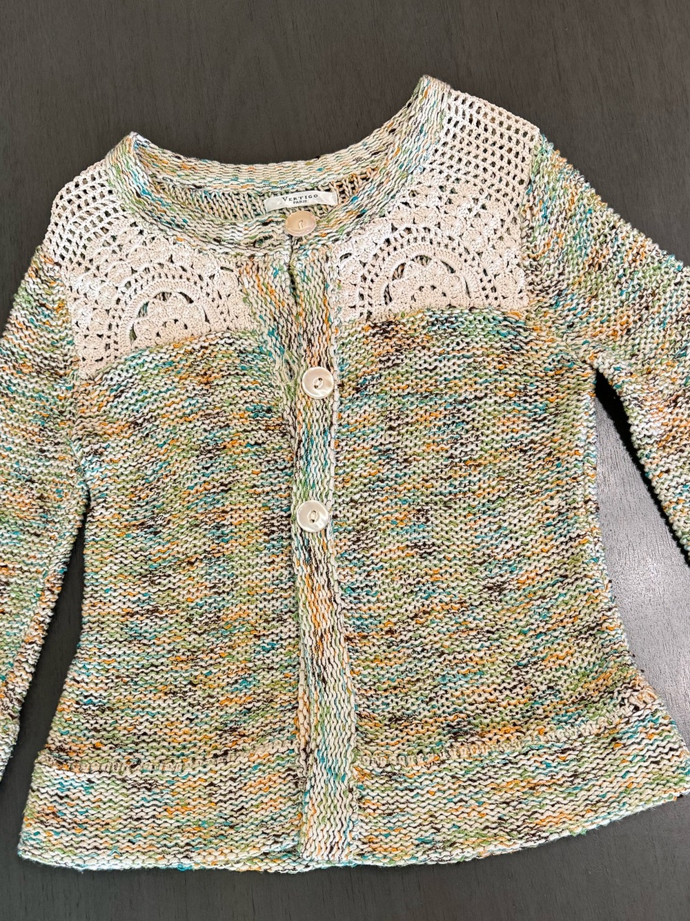 Vintage Vertigo Paris Multicolored Crochet Cardigan with Pearl Buttons SZ M